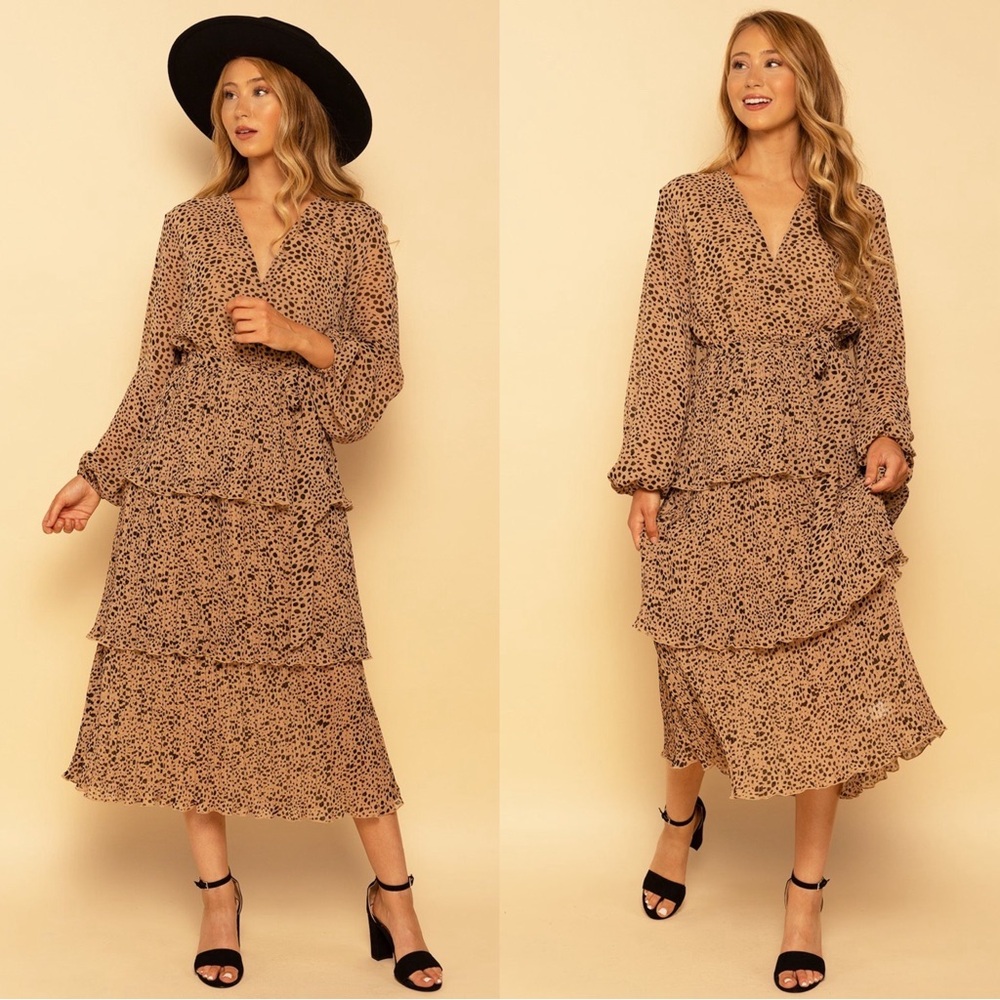 Long Sleeve Cheetah Animal Print Pleated Midi Dress Medium